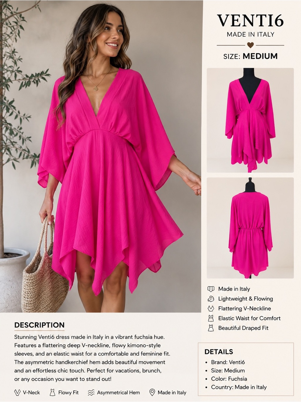 Venti6 fuchsia handkerchief hem dress made in Italy✨✨